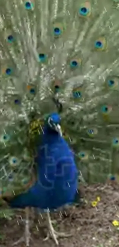 Bright blue peacock with fully fanned feathers.