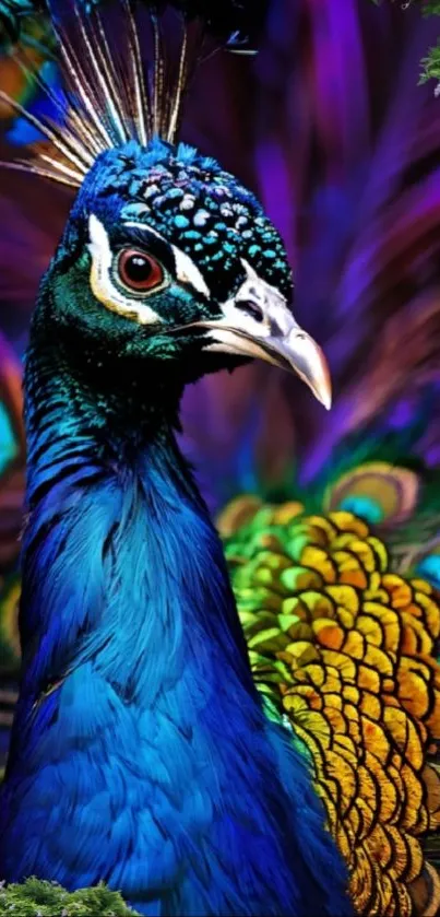 Artistic and colorful peacock with vibrant plumage on a mobile wallpaper.