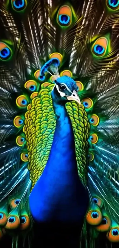 A vibrant blue and green peacock with its feathers fully spread.