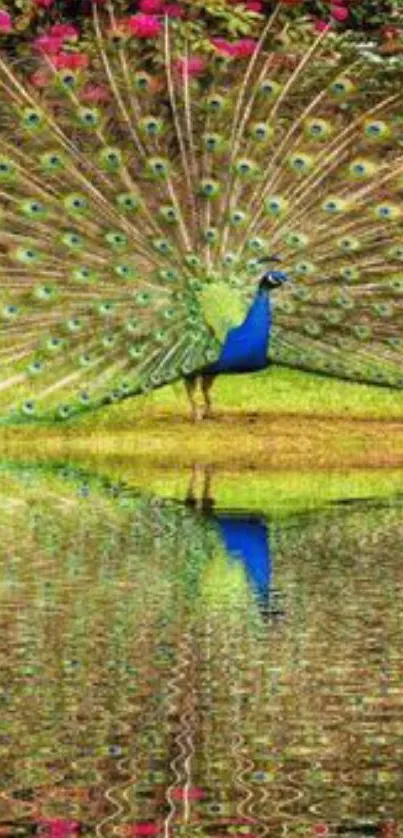 Peacock showcasing vibrant feathers with a mirror reflection on water.