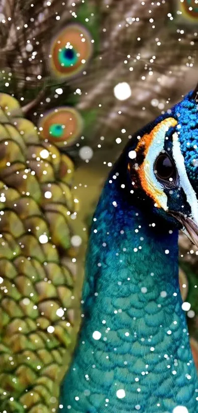 Vibrant peacock with snowflakes on mobile wallpaper.
