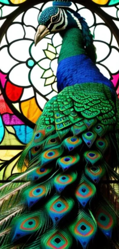 A vibrant peacock with colorful feathers in front of a stained glass window.
