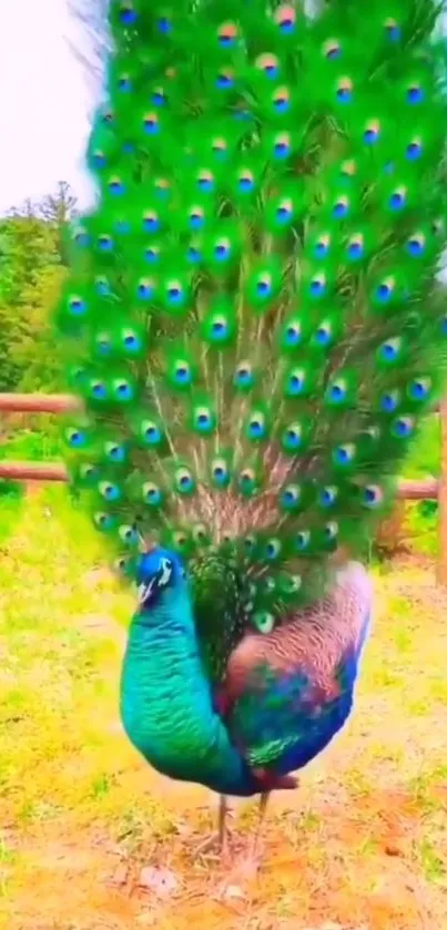 Colorful peacock with vibrant tail display in nature.