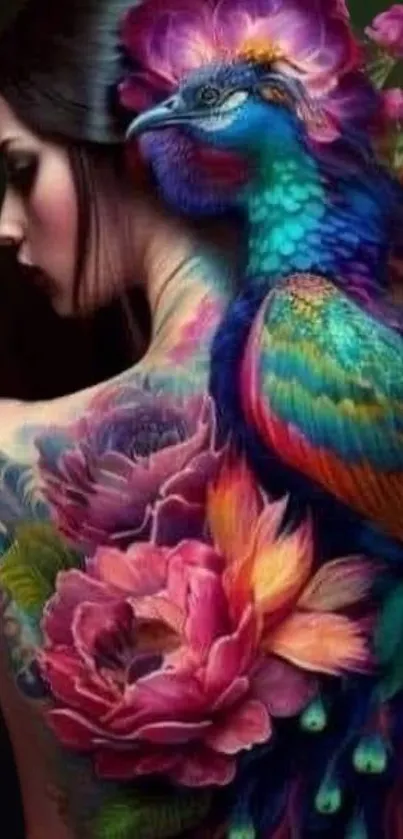 Vibrant peacock tattoo art with colorful floral design.