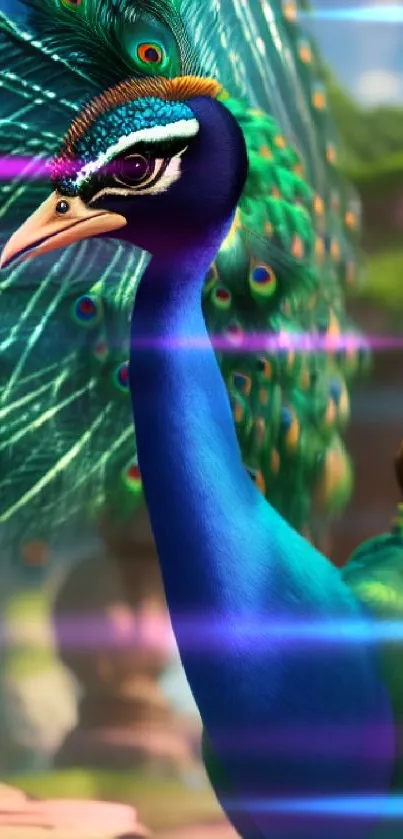 Vibrant peacock with emerald feathers and lush background.