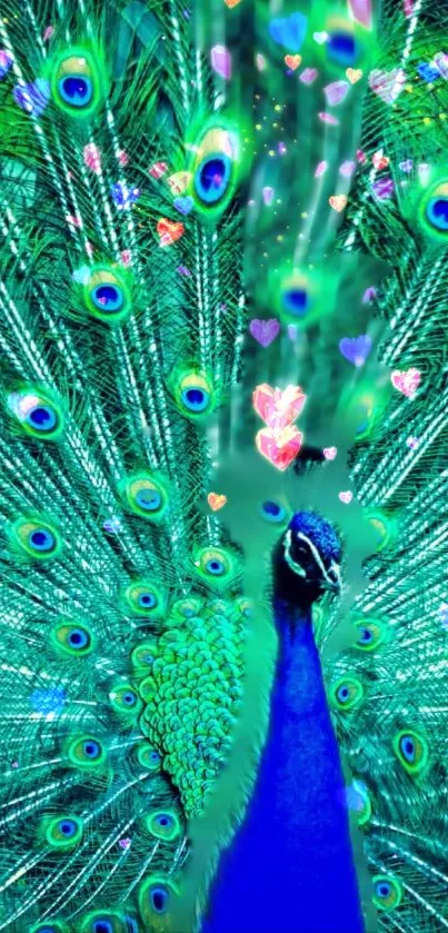 Vibrant peacock with colorful hearts and teal feathers.