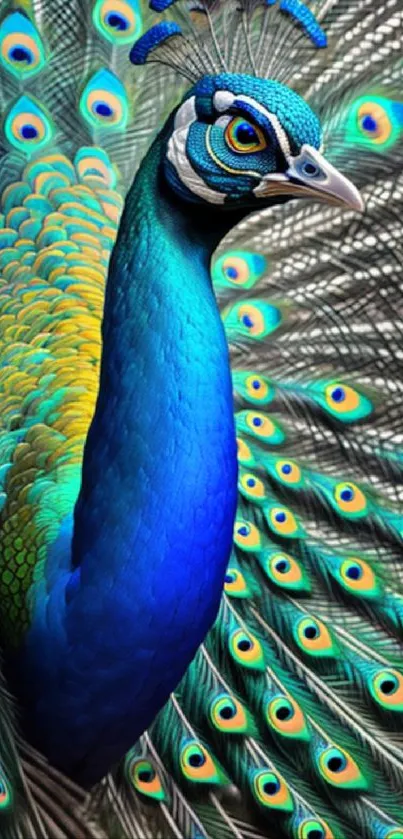 Stunning peacock displaying vibrant blue and green feathers in detailed mobile wallpaper.