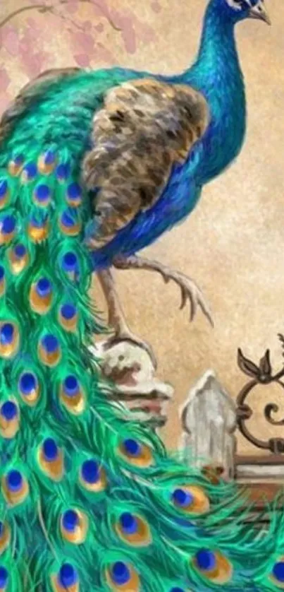 Vibrant peacock with colorful feathers in a beautiful artistic setting.