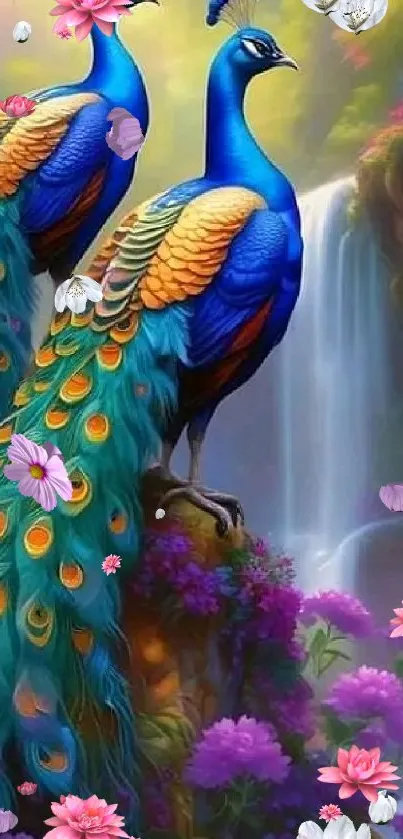 Peacocks standing near waterfall with vibrant scenery.