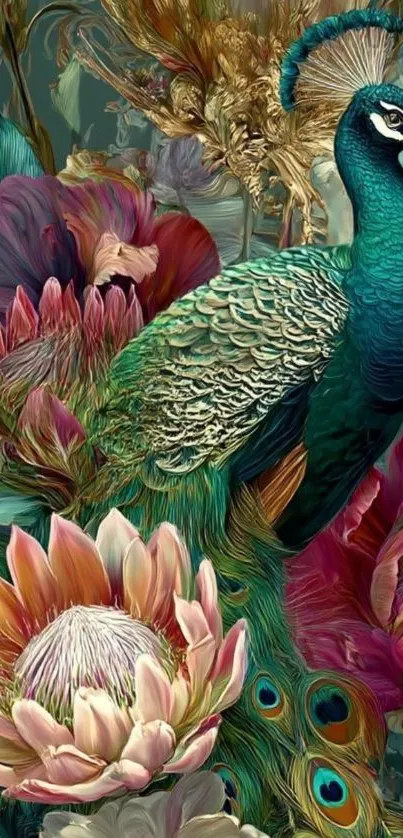 Vibrant peacock amidst colorful floral design.