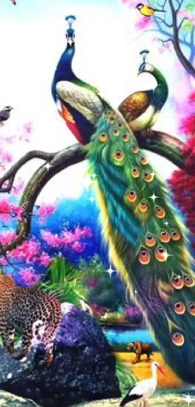 Vibrant peacocks and exotic animals in colorful nature scene artwork.