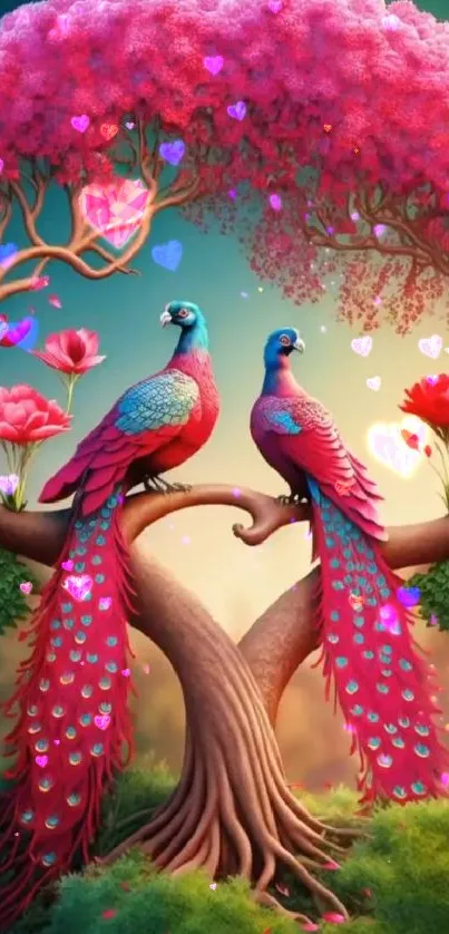 Two peacocks under a vibrant pink blossom canopy.