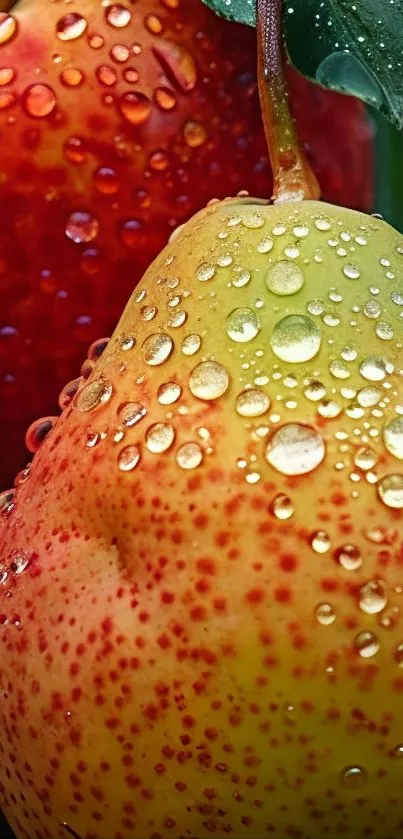 Close-up of dewy pear and apple with vibrant colors.