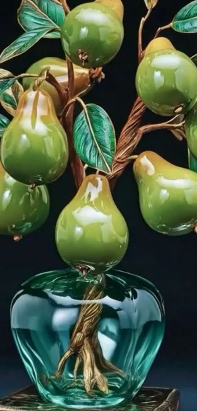 Lifelike pear sculpture with green leaves in a glass base.