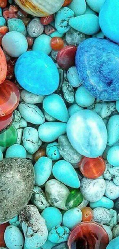 Vibrant colorful pebble art wallpaper with blue and red stones.