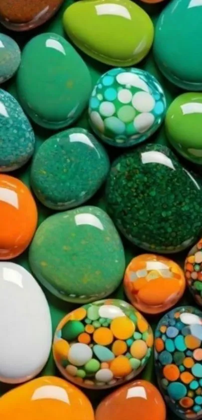 Assorted colorful pebbles in greens and oranges.