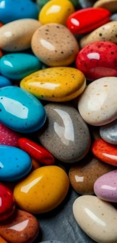 Vibrant and colorful pebble art on a mobile wallpaper.