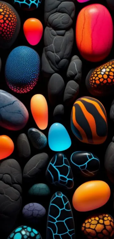 Colorful pebble art with vibrant patterns.