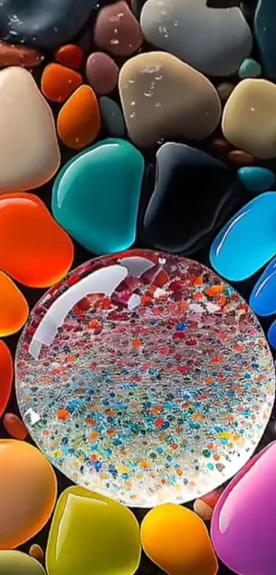 Vibrant multicolor pebble art wallpaper with central crystal orb.