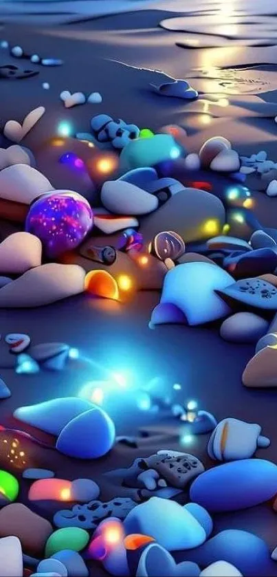 Vibrant beach with colorful glowing pebbles at sunset.