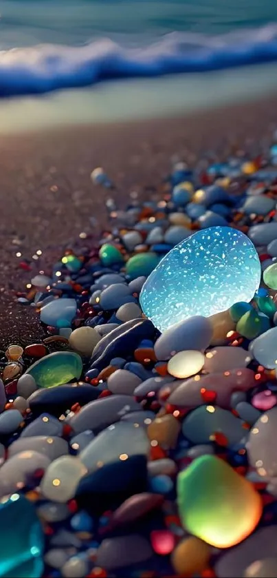 Luminous pebbles on a sunset beach creating a serene coastal vibe.