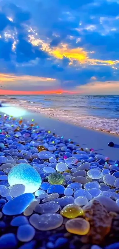 Vibrant beach sunset with colorful pebbles and tranquil ocean waves.