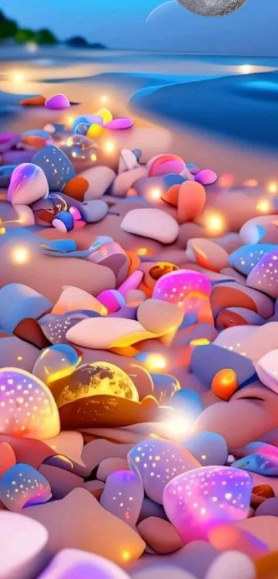 Vibrant pebble beach with glowing colors at sunset.