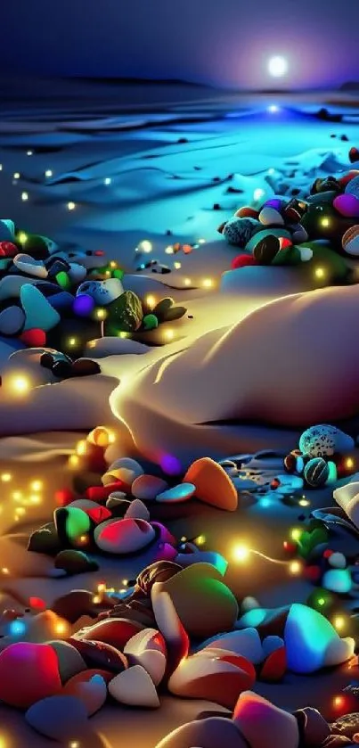 Colorful pebbles on a night beach with a glowing horizon.