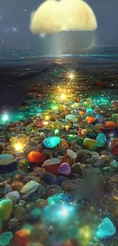 A vibrant pebble path under a glowing moon at night, creating a mystical landscape.