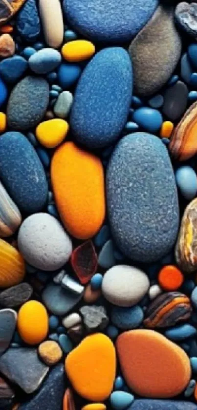 Vibrant wallpaper with colorful pebbles in blue, orange, and brown tones.