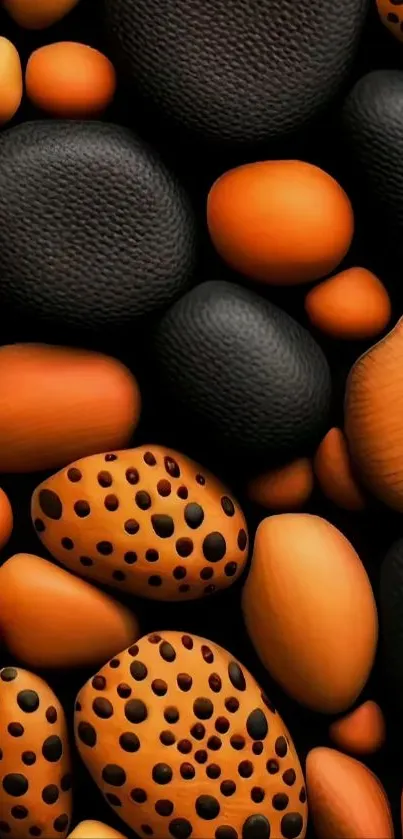 Abstract pebble design with bold orange and black tones.