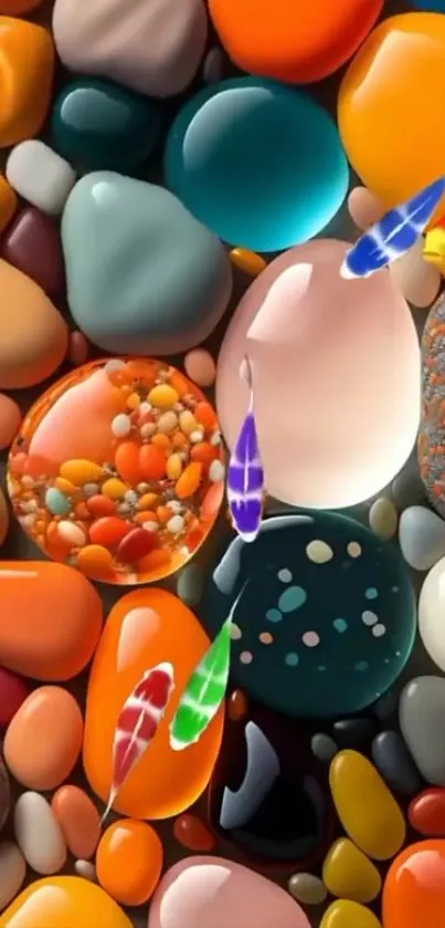 Colorful pebbles and koi fish on a vibrant wallpaper.