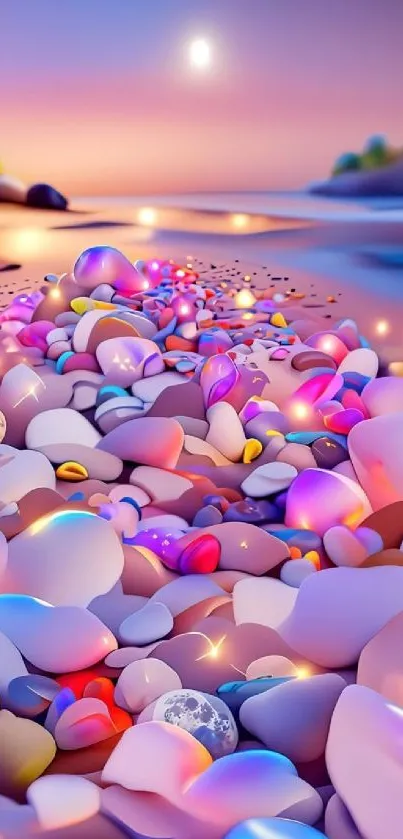 Vibrant sunset over a pebbled beach with colorful stones.