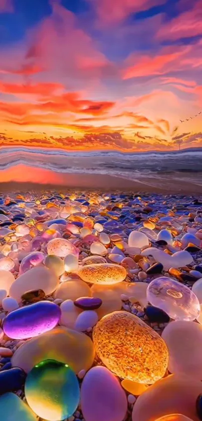 Colorful pebbles on a beach at sunset with vibrant sky.