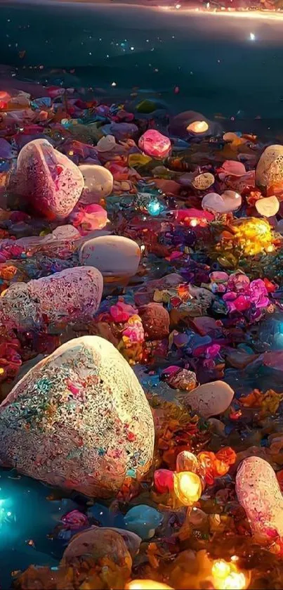 Glowing pebbles on a vibrant, colorful beach at night.