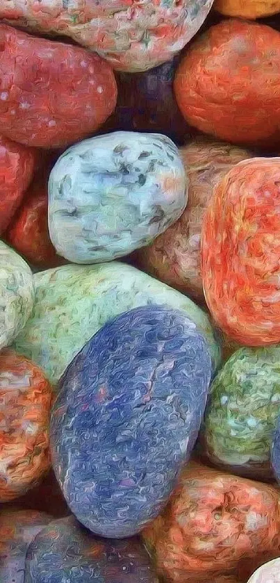 Colorful array of vibrant pebbles creating an artistic mobile wallpaper.