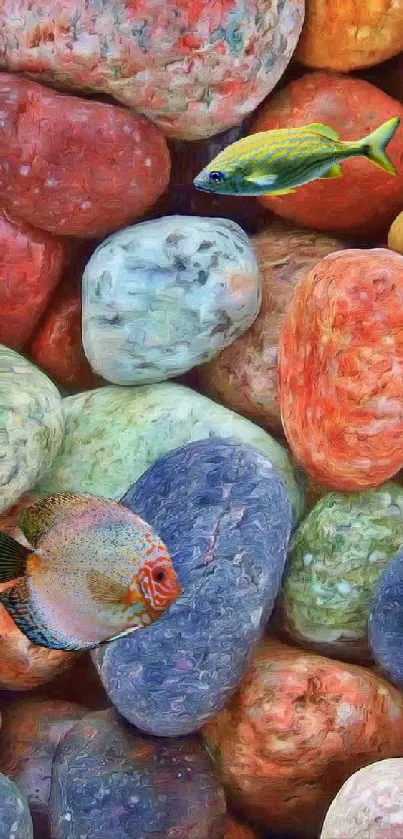 Colorful pebbles with vibrant fish mobile wallpaper.