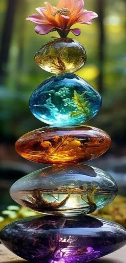 Colorful pebbles stacked with a flower on top in nature setting.