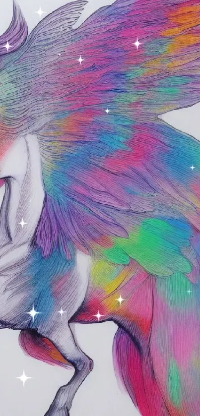 Vibrant Pegasus with rainbow wings in a fantasy art style.