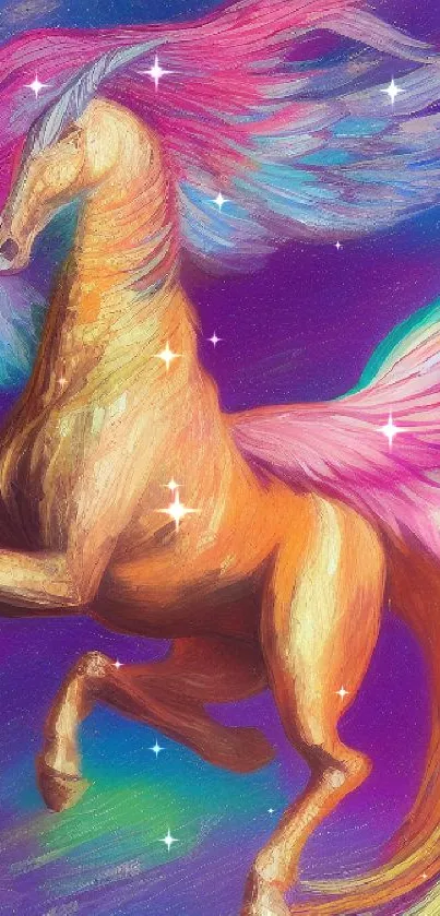 Colorful pegasus with flowing mane and wings on a dreamy purple background.