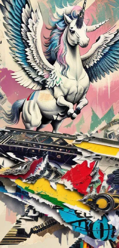 Fantastical pegasus art with vibrant colors and urban style.