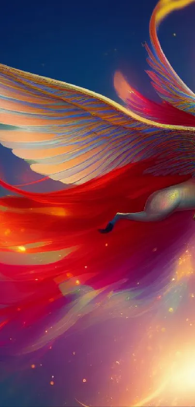 Fantasy Pegasus with vibrant wings and cosmic background mobile wallpaper.