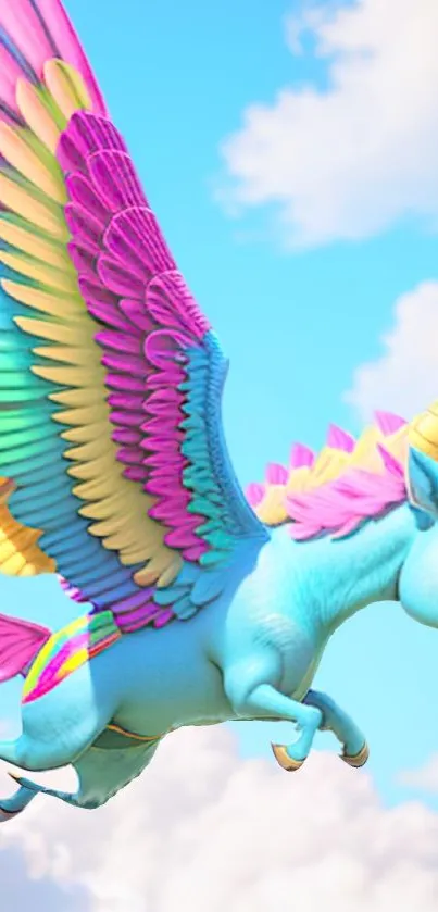 Colorful pegasus with rainbow wings flying in a blue sky.