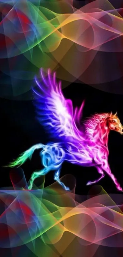 Vibrant pegasus in rainbow colors on a dark background.