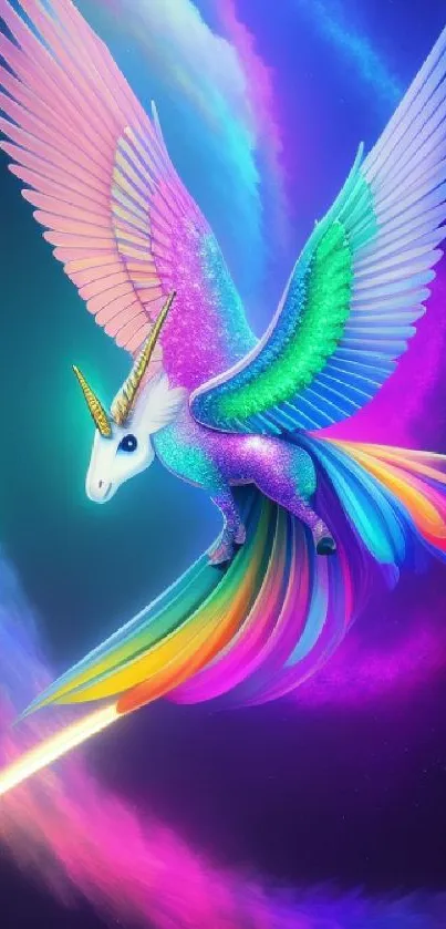 Vibrant unicorn with rainbow wings in a magical fantasy scene.