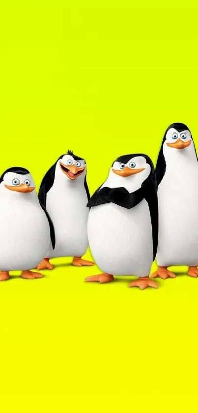 Animated penguins with vibrant lime green background.