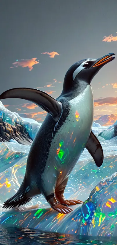 Penguin standing on crystalline ice under a colorful sky.