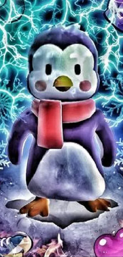 Vibrant penguin with lightning and hearts in background.