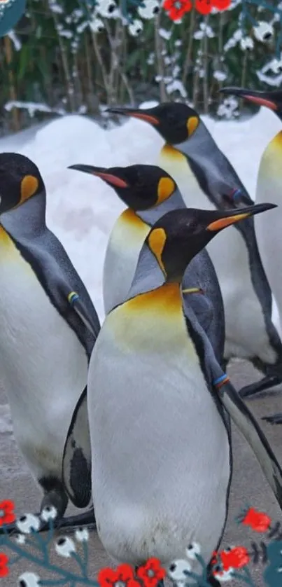 Penguins in a snowy landscape with red floral accents.