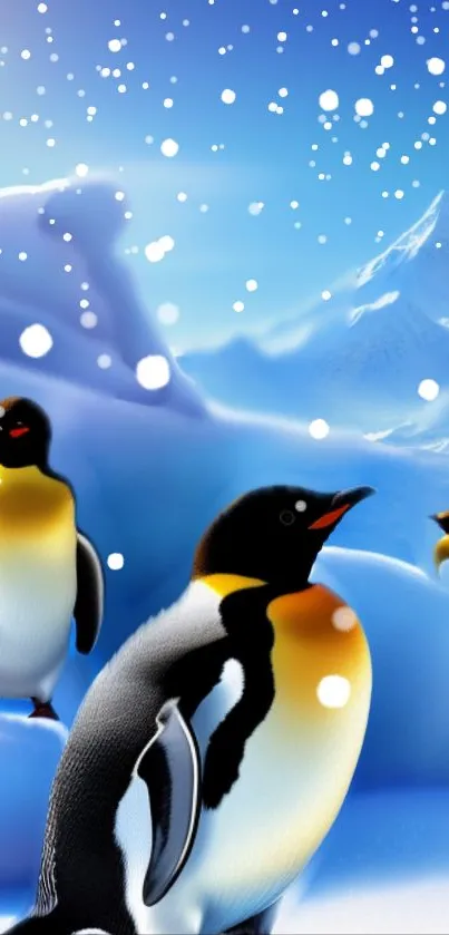 Animated penguins in a snowy blue winter landscape.